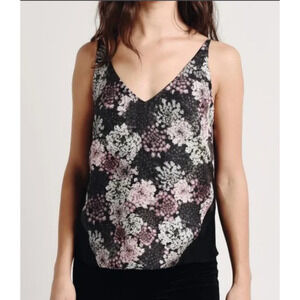 J Brand Women M Lucy Floral Silk Camisole Adjustable Straps Sheer Back Black